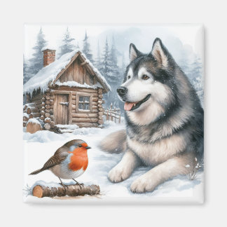 Husky en robin in de sneeuwmagneet, sneeuwhond magneet