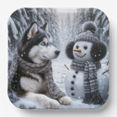 Husky en sneeuwman in de winter Bossen Papieren Bordje (Voorkant)