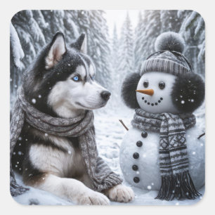 Husky en sneeuwman in de winter Bossen Vierkante Sticker