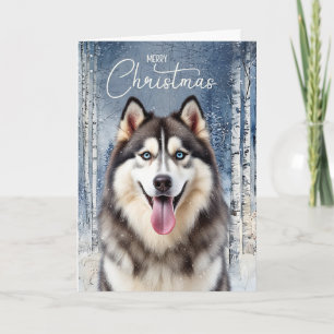 Husky-hond besneeuwd winterbos Kerstmis Feestdagen Kaart