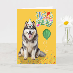 Husky-hond in een feesthoed op gele verjaardag kaart