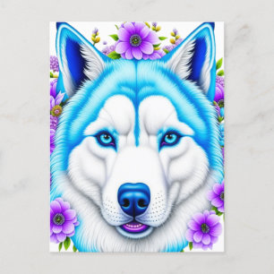 Husky hond met blauwe ogen en bloemen briefkaart