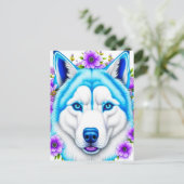 Husky hond met blauwe ogen en bloemen briefkaart (Staand voorkant)