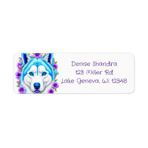 Husky hond met blauwe ogen en bloemen etiket