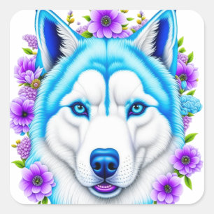 Husky hond met blauwe ogen en bloemen vierkante sticker