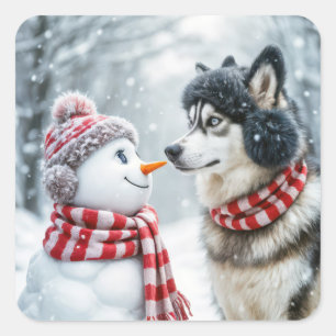Husky hond met sneeuwpop vierkante sticker