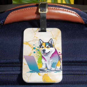 Husky Hondencomputer Rainbow Waterverf Tech Savvy Bagagelabel