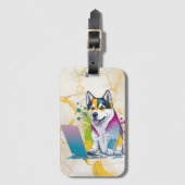 Husky Hondencomputer Rainbow Waterverf Tech Savvy Bagagelabel (Voorkant (verticaal))