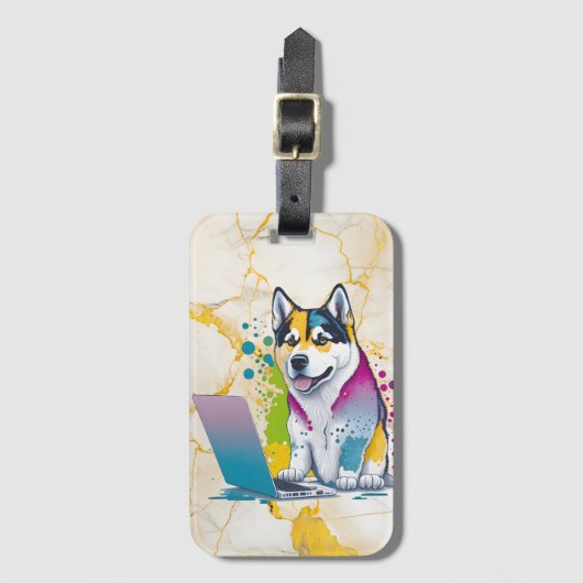 Husky Hondencomputer Rainbow Waterverf Tech Savvy Bagagelabel (Voorkant (verticaal))