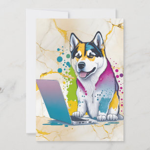 Husky Hondencomputer Rainbow Waterverf Tech Savvy Feestdagenkaart