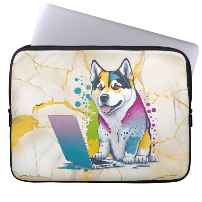 Husky Hondencomputer Rainbow Waterverf Tech Savvy Laptop Sleeve (Voorkant)