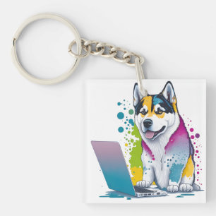 Husky Hondencomputer Rainbow Waterverf Tech Savvy Sleutelhanger