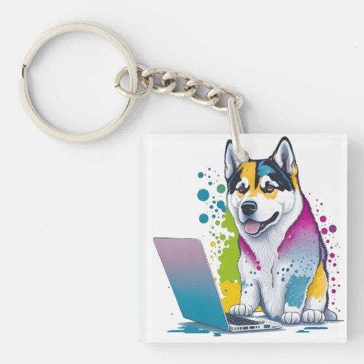Husky Hondencomputer Rainbow Waterverf Tech Savvy Sleutelhanger (voorkant)