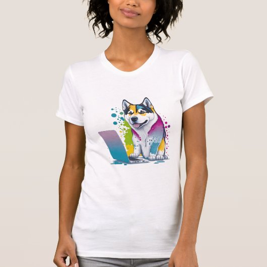 Husky Hondencomputer Rainbow Waterverf Tech Savvy T-shirt (Voorkant)