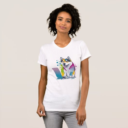 Husky Hondencomputer Rainbow Waterverf Tech Savvy T-shirt (Voorkant volledig)
