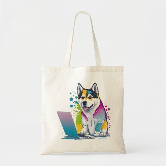 Husky Hondencomputer Rainbow Waterverf Tech Savvy Tote Bag (Voorkant)