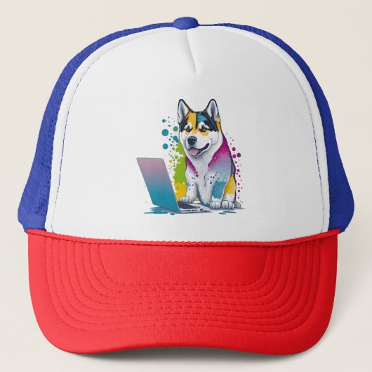 Husky Hondencomputer Rainbow Waterverf Tech Savvy Trucker Pet (Voorkant)