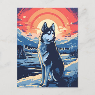 Husky in het winterbos tijdens zonsondergang briefkaart