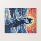 Husky in het winterbos tijdens zonsondergang legpuzzel (Horizontaal)