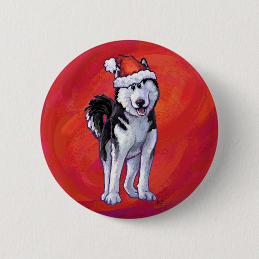 Husky in Santa Hat op Red Ronde Button 5,7 Cm (Voorkant)