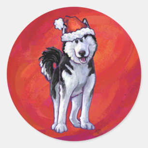 Husky in Santa Hat op Red Ronde Sticker