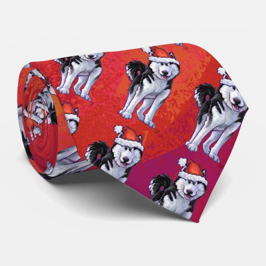 Husky in Santa Hat op Red Stropdas (Opgerold)