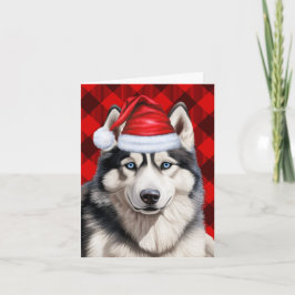 Husky Kersthond Rood Buffalo Plaid Kerstmis Feestdagen Kaart