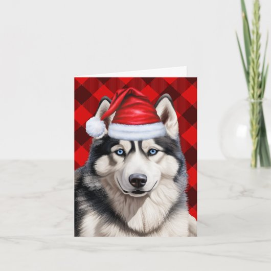 Husky Kersthond Rood Buffalo Plaid Kerstmis Feestdagen Kaart (Voorkant)