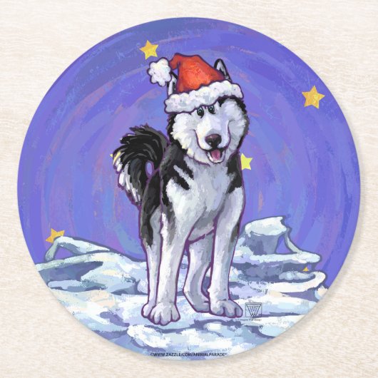 Husky Kerstmis Ronde Kartonnen Onderzetter (Voorkant)