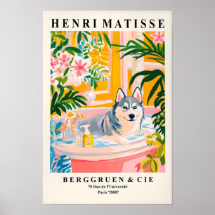 Husky-kunstprint, roze badkamer muurkunst, Matisse Poster