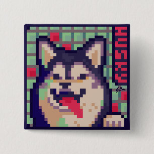 Husky, Pixel Art pixelart Vierkante Button 5,1 Cm