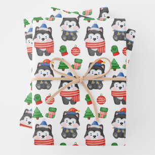 Husky Puppy Dog Santa Festive Holiday Inpakpapier Vel
