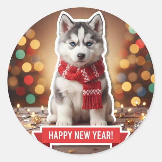 Husky Puppy Festive Scarf Sticker (Voorkant)