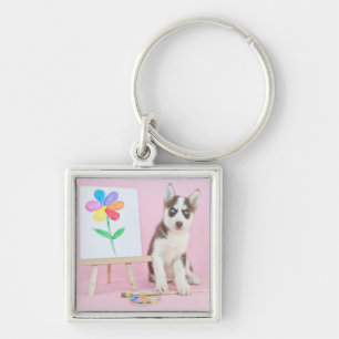 Husky Puppy Painting a Rainbow Flower Sleutelhanger