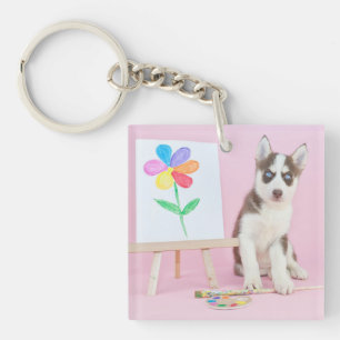 Husky Puppy Painting a Rainbow Flower Sleutelhanger