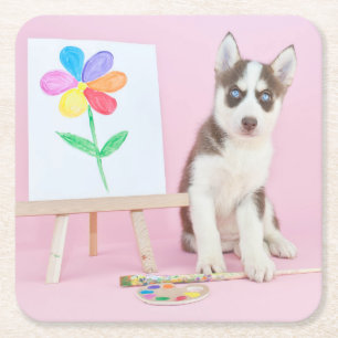 Husky Puppy Painting a Rainbow Flower Vierkante Kartonnen Onderzetter