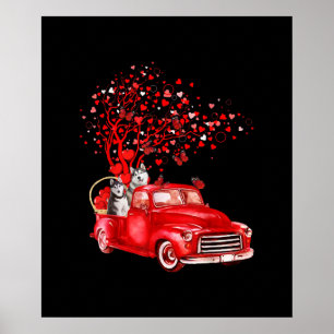 Husky Riding Red Truck Valentijn Butterfly Heart Poster