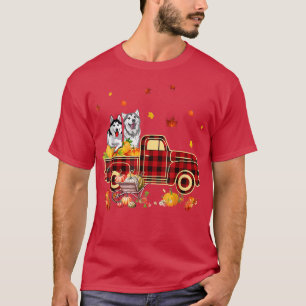 Husky Riding Truck Pumpkin Autumn Leaves Herfst T-shirt