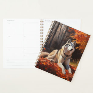 Husky sibérien dans les feuilles d'automne qui tom