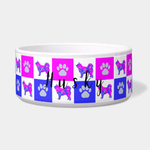 Husky Silhouette Dog & Paw Hot Pink & Blue Pet Bow Voerbakje