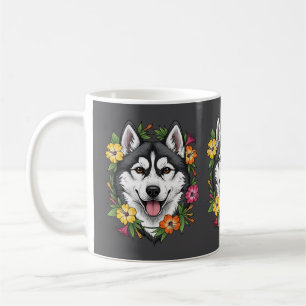 Husky Sledehond En Kleurrijke Mirablis Bloemen Koffiemok
