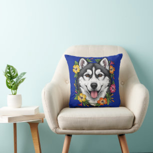 Husky Sledehond En Kleurrijke Mirablis Bloemen Kussen