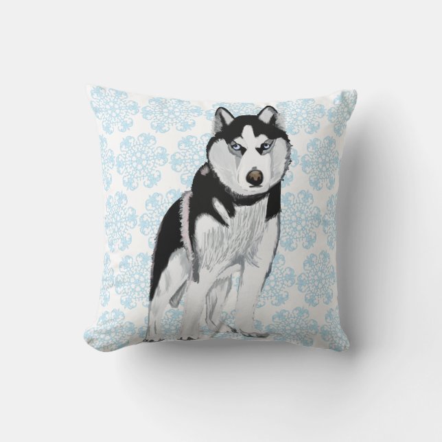 Husky tegen Snow Flakes Kussen (Voorkant)