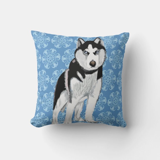Husky tegen Snow Flakes Kussen (Voorkant)