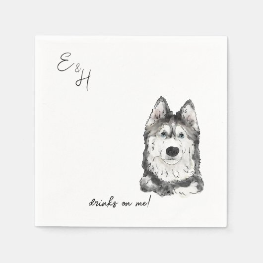 Husky waterverf bruiloft cocktail servetten (Voorkant)