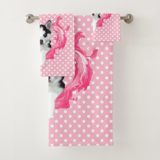 Husky Welpe rosa Herz Punkte Mädchen Bad Handdoek (Insitu)