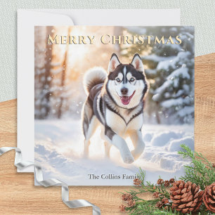 Huskyhond in wintersneeuw Prettig Kerstfeest Feestdagenkaart
