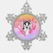Huskywelpe mit Herz rosa Hündin love forever Tin Sneeuwvlok Ornament (Voorkant)