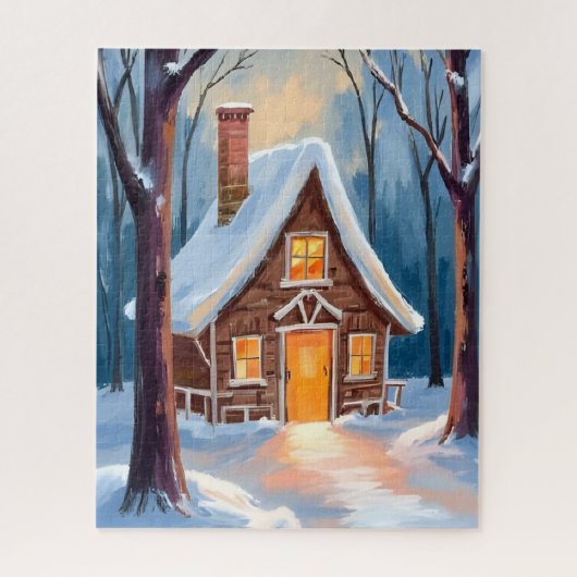Hut in de besneeuwde winterbossen Kerstmis Legpuzzel (Verticaal)