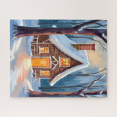 Hut in de besneeuwde winterbossen Kerstmis Legpuzzel (Horizontaal)